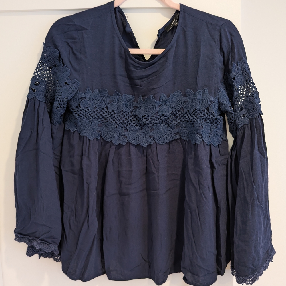 Navy Blue Lace Trim Women's Top